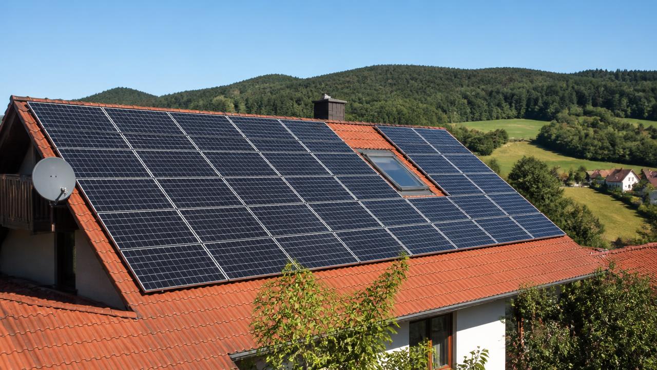 Photovoltaikanlage auf dem Ziegeldach eines Einfamilienhauses im Kahlgrund